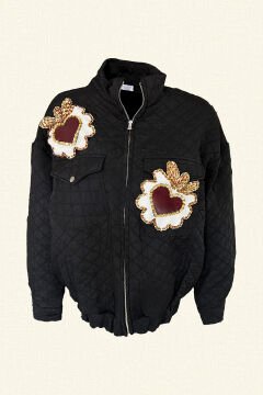 Black Quilted Bomber Jacket with Leather Heart Detail and Bead Embroidery