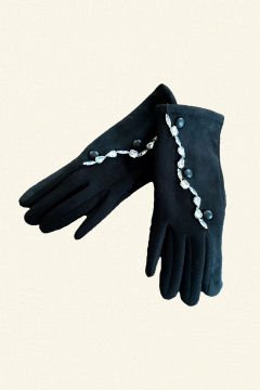Crystal Stone Embroidered Black Gloves
