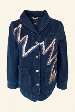 Gümüş Zikzak İşlemeli Koyu Renk Jean Ceket