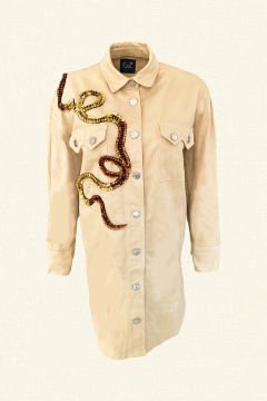 Gold And Copper Embroidered Long Cream Jean Jacket