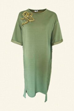 Gold İşlemeli Yeşil Penye Oversize Elbise