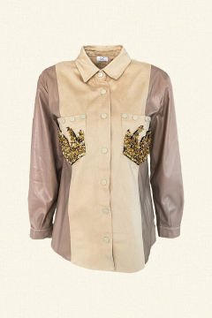 Gold Alev İşlemeli Kolları Deri Detaylı Krem Renk Jean Ceket