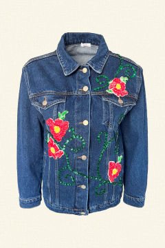 Kırmızı Çiçek İşlemeli Koyu Renk Jean Ceket