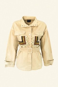 Pocket Top Bead Embroidered Tassel Detail Cream Jean Jacket