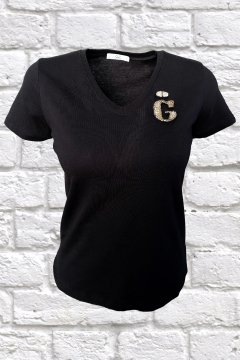 Silver Letter Embroidered V-Neck Black T-Shirt S - Ğ