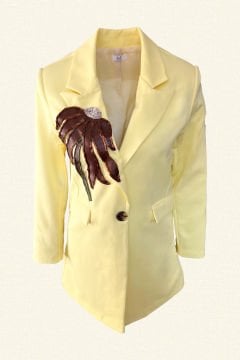 Long Yellow Blazer Jacket with Copper Embroidered Flower Figures on Leather