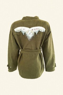 Silver Wing Embroidered Green Jean Jacket