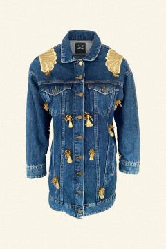 Gold Embroidery and Tassel Detailed Dark Color Long Jean Jacket