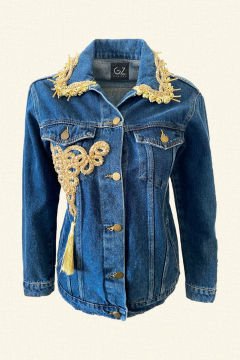 Yakası ve Önü Sırma İşlemeli Koyu Renk Jean Ceket
