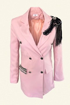 Boncuk İşlemeli Siyah Püskül Detaylı Açık Pembe Blazer Ceket