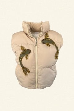 Cream Bomber Inflatable Vest with Fish Figure on Leather