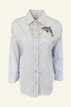 Dolphin Embroidered Blue Striped Oversize Shirt