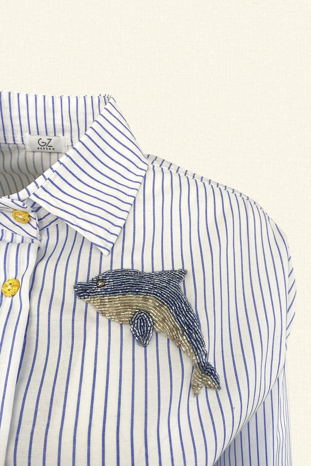 Dolphin Embroidered Blue Striped Oversize Shirt