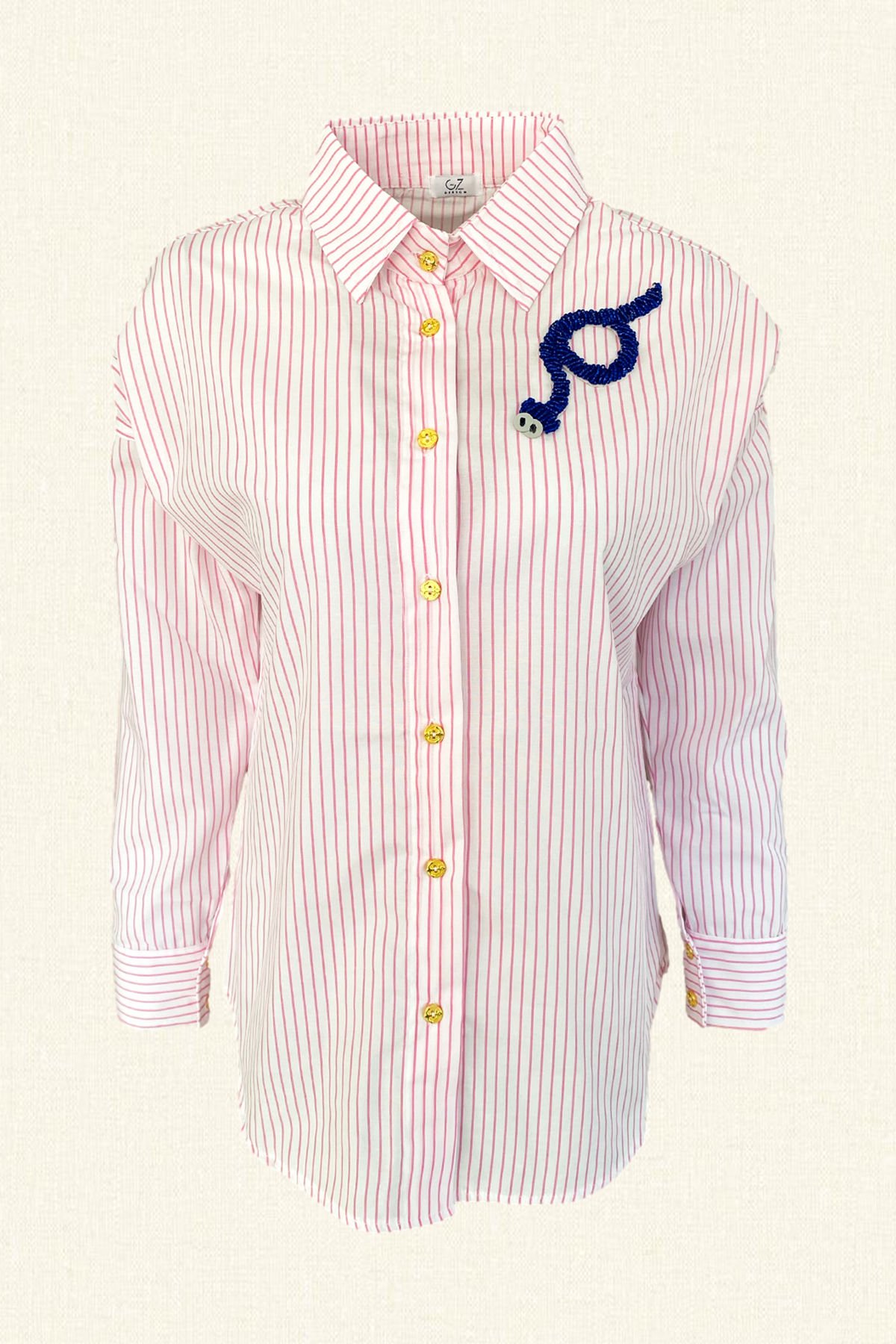 Blue Knurling Embroidered Pink Striped Oversize Shirt