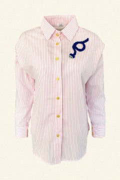 Blue Knurling Embroidered Pink Striped Oversize Shirt
