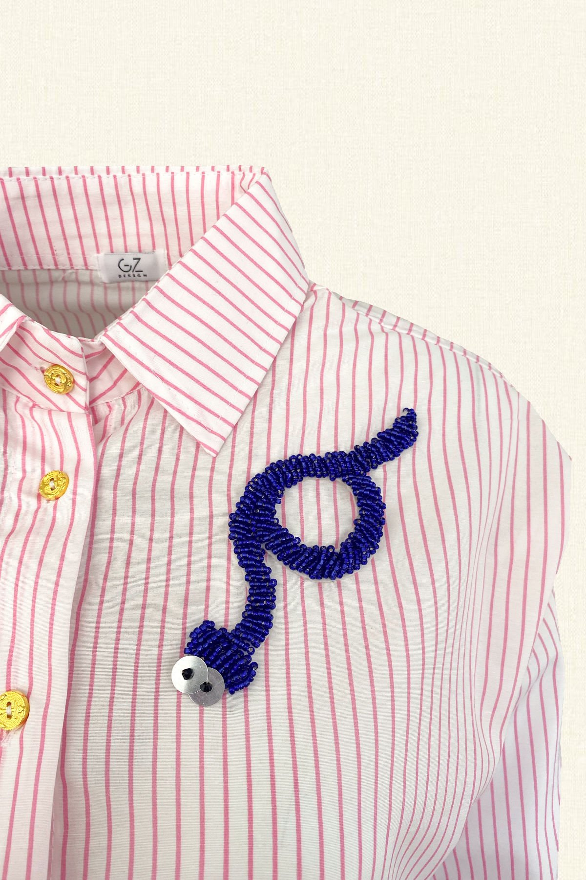 Blue Knurling Embroidered Pink Striped Oversize Shirt