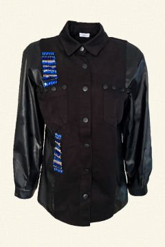 Mavi İşlemeli Kolları Deri Detay Siyah Jean Ceket