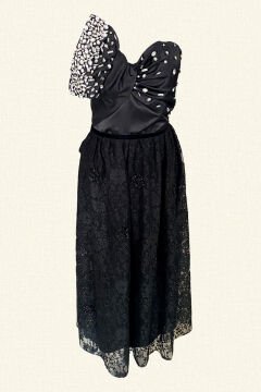 Crystal Stone Embroidered Bow Detailed Black Lace Dress