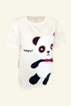 Kırmızı Boncuk İşlemeli Panda Detaylı Beyaz Oversize Tişört