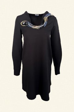 Yılan Motifi İşlemeli Uzun Kollu Siyah Elbise