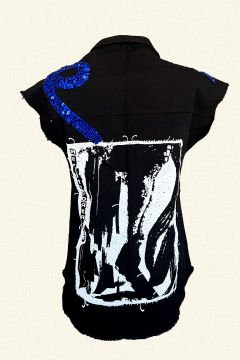 Mavi ve Beyaz İşlemeli Siyah Oversize Jean Yelek