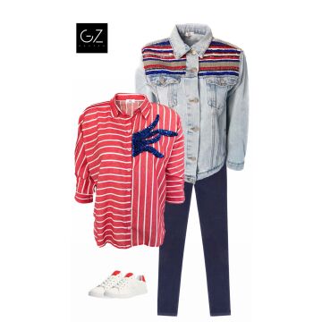 Red-Blue Embroidered Jean Jacket Combination