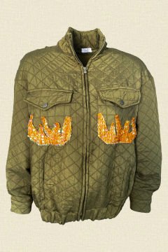 Orange Flame Embroidered Green Quilted Bomber Jacket