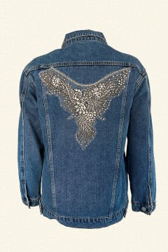 Sırtı Kristal Boncuk İşlemeli Koyu Renk Jean Ceket