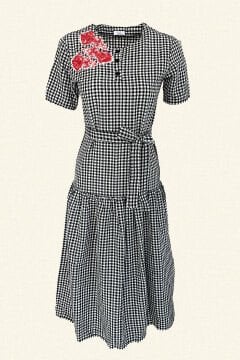 Red Embroidered Black Gingham Dress