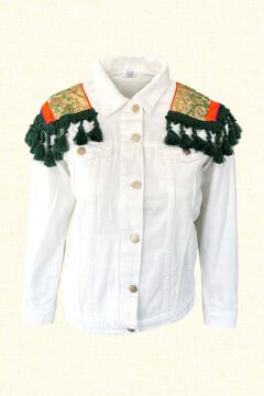 White Jean Jacket with Green Tassel and Bead Embroidery on the Shoulders