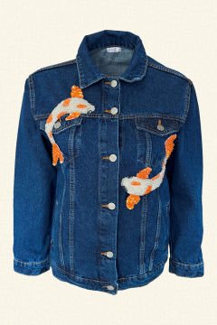 Turuncu Balık İşlemeli Koyu Renk Jean Ceket