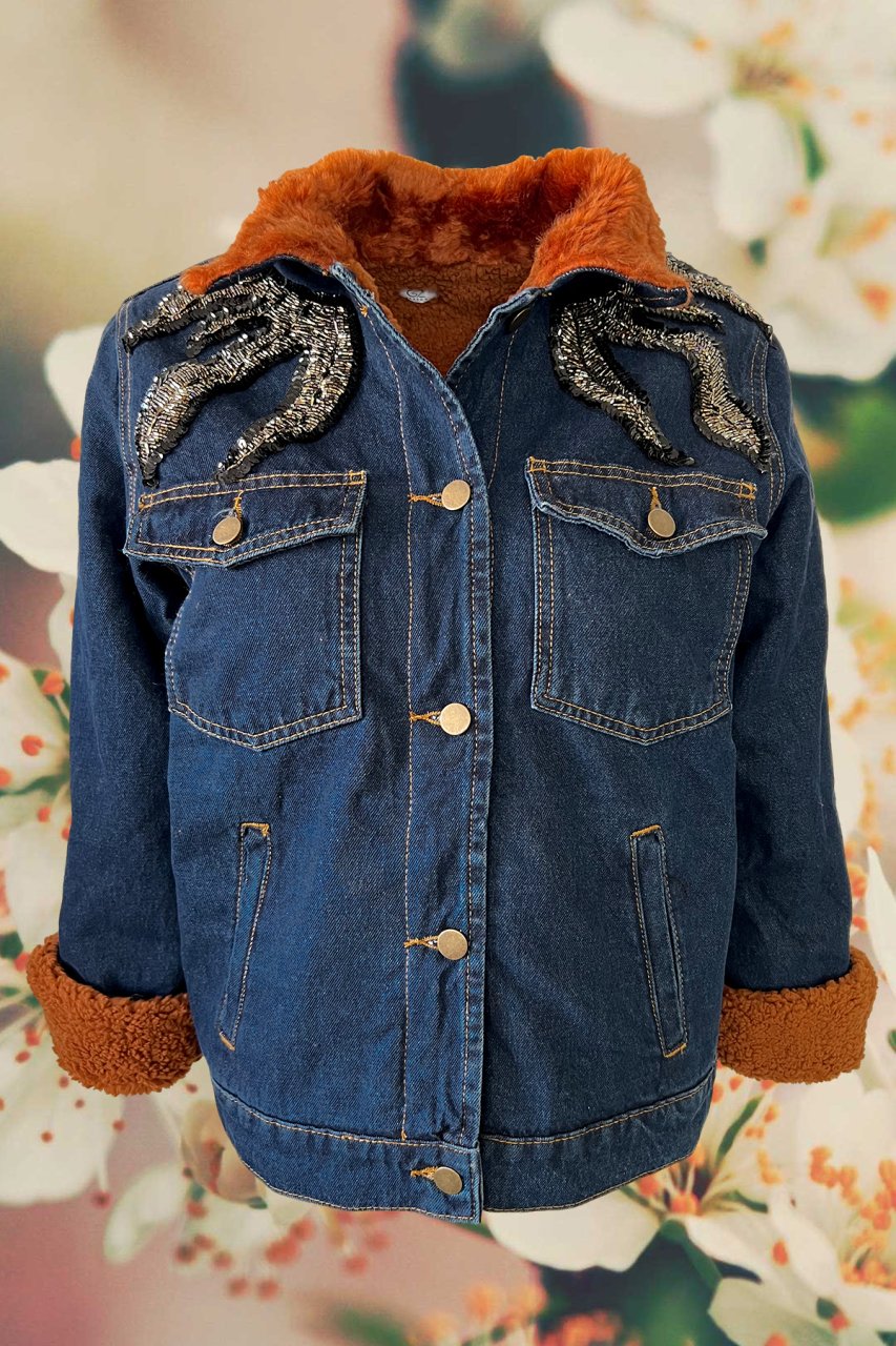 Tan Coated Fur Collar and Inner Denim Jacket