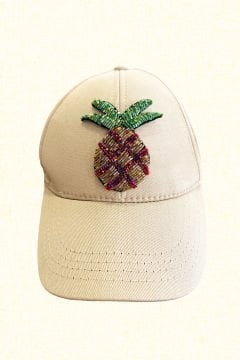 Pineapple Motif Embroidered Beige Color Cap Hat
