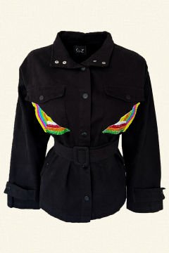 Renkli Boncuk İşlemeli Siyah Renk Jean Ceket
