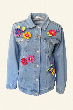 Renkli Pötikare Çiçekli Açık Renk Jean Ceket
