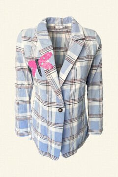 Pink Dragonfly Embroidered Blue Checkered Linen Jacket
