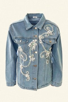 İnci ve Kristal Taş İşlemeli Açık Renk Jean Ceket