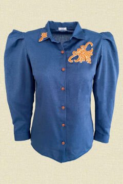 Orange Embroidered Balloon Sleeve Navy Blue Shirt