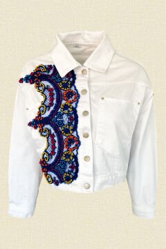 Renkli Kristal Boncuk İşlemeli Beyaz Oversize Jean Ceket