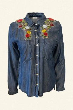 Boncuklu Çiçek İşlemeli Jean Gömlek