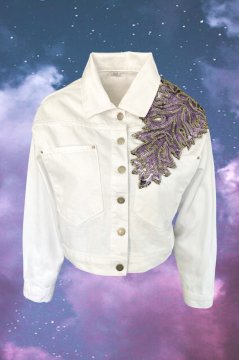 Lila Renk Pul İşlemeli Beyaz Oversize Jean Ceket