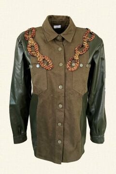 Bakır Zincir İşlemeli Kolları Deri Detaylı Asker Yeşili  Jean Ceket