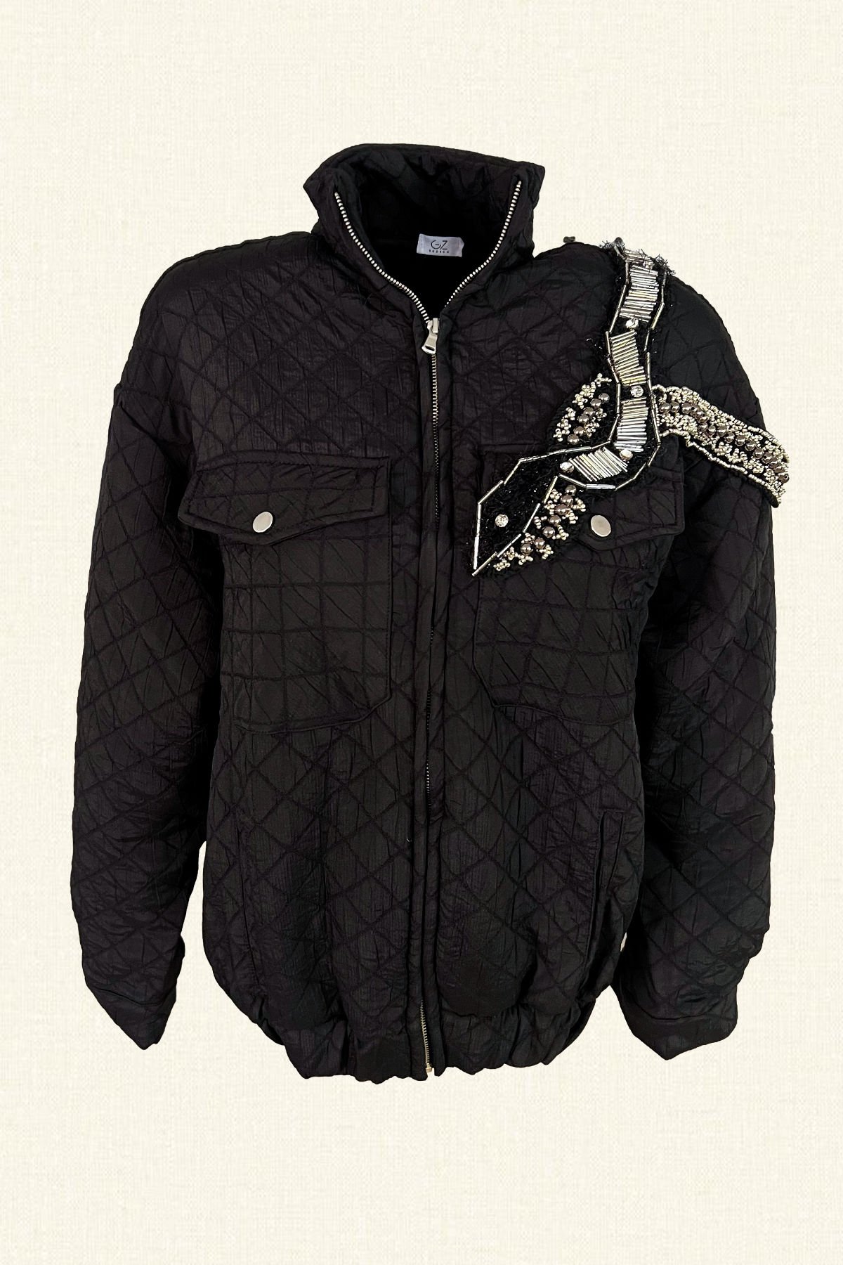 Gümüş Kristal Taş İşlemeli Oversize Siyah Bomber Ceket