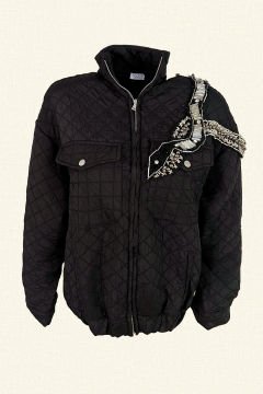 Gümüş Kristal Taş İşlemeli Oversize Siyah Bomber Ceket