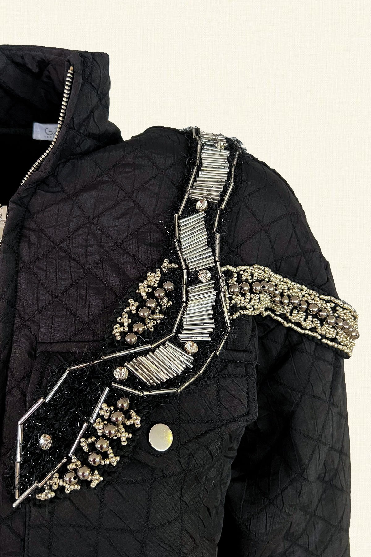 Gümüş Kristal Taş İşlemeli Oversize Siyah Bomber Ceket