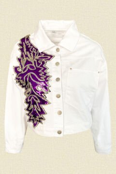 Mor Renk Pul İşlemeli Beyaz Oversize Jean Ceket