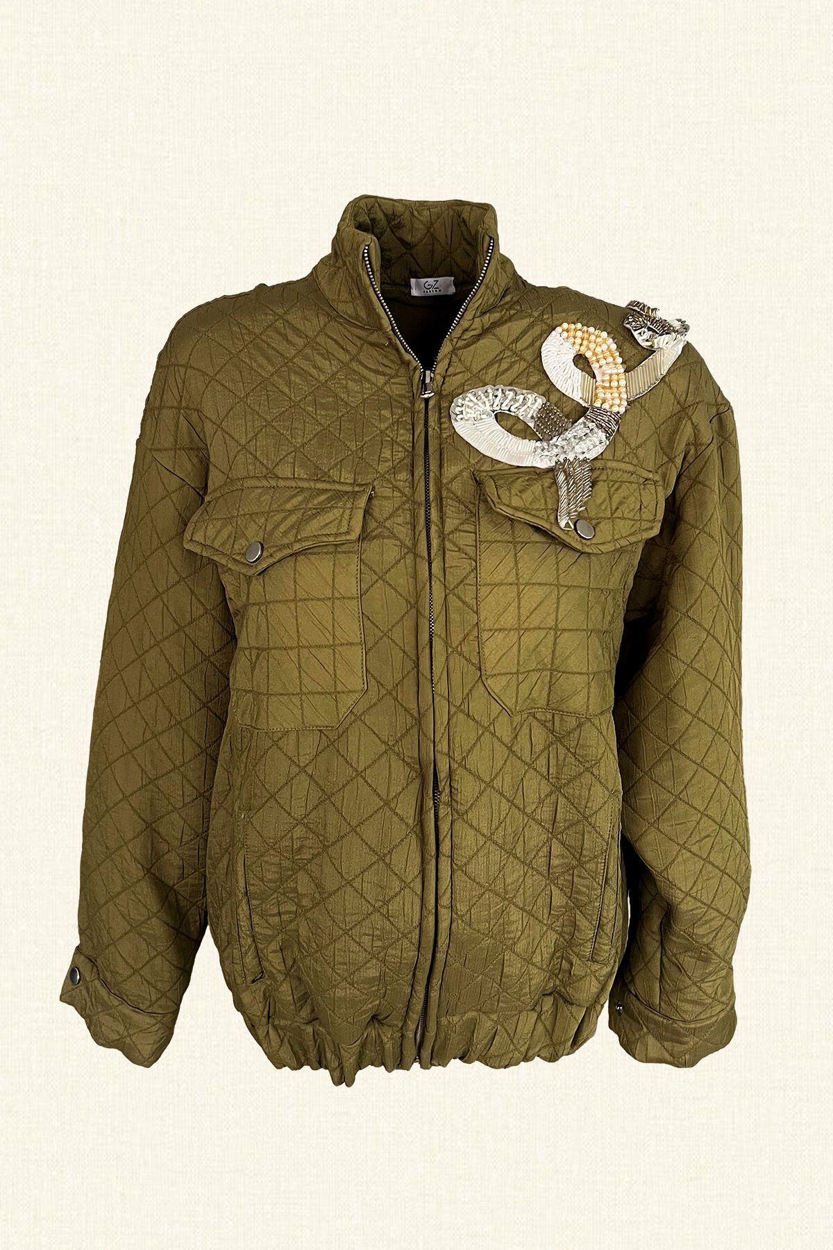 Helezon Motifli İnci ve Kristal Taş İşlemeli Asker Yeşili Oversize Bomber Ceket