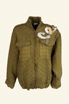 Helezon Motifli İnci ve Kristal Taş İşlemeli Asker Yeşili Oversize Bomber Ceket