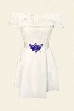 Kemeri Lila Renk İşlemeli Beyaz Kayık Yaka Elbise