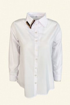 3 Renk İşlemeli Oversize Beyaz Gömlek